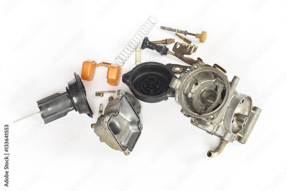 Old carburetor of motorcycle part disassembly. Old carburetor of motorcycle part disassembly.