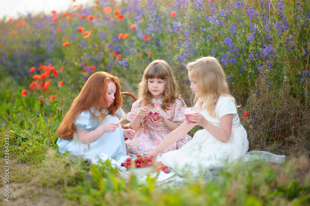 Naklejka premium Happy kids eating strawberry cocktail outdoors in poppy field