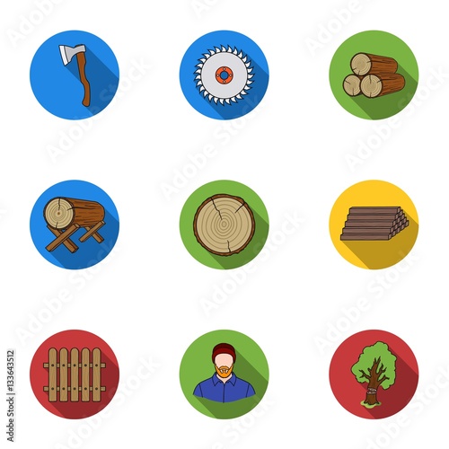 Sawmil and timber set icons in flat style. Big collection of sawmill and timber vector symbol stock illustration