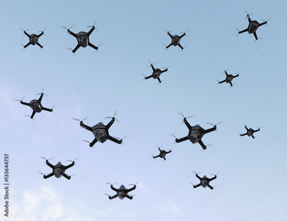 Swarm of security drones with surveillance camera flying in the sky. 3D rendering image Swarm of security drones with surveillance camera flying in the sky. 3D rendering image