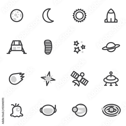 Set of vector icons and logos space, stars, planets, universe, rocket, satellite on a white background