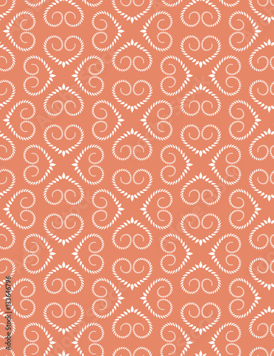 Seamless heart pattern. Vintage texture. Twist ornament of laurel leaves. Orange, white, soft colored background. Love, birthday, Easter theme. Vector