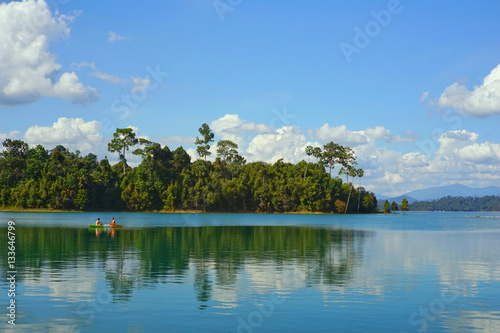 Beautiful mountains lake river sky and natural attractions in Rajjaprabha Dam at Khao Sok National Park, Surat Thani Province, Thailand. photo