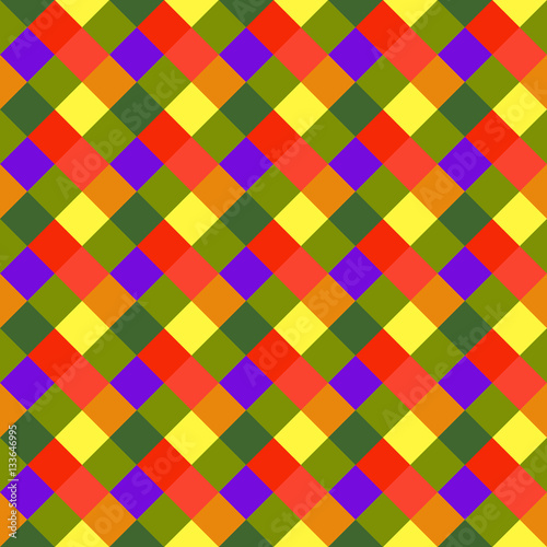 Seamless geometric checked pattern. Diagonal square, braiding, woven line background. Patchwork, rhombus, staggered texture. Baby, festival, clown, holiday colors. Vector