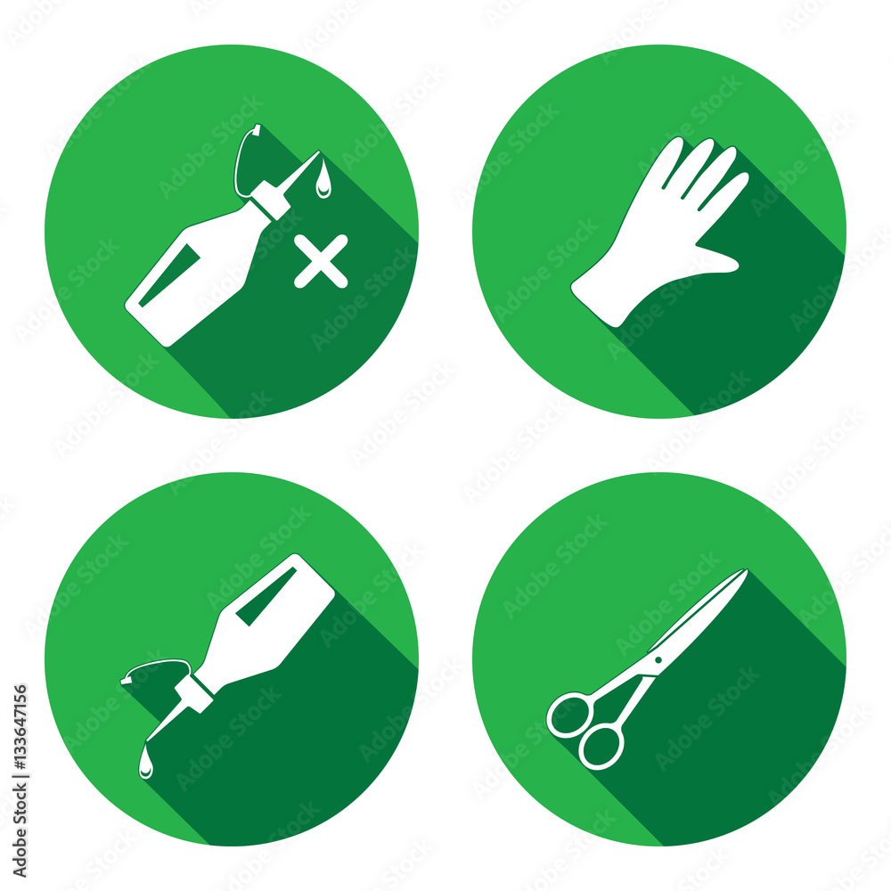 Tool icons set. Glue, rubber gloves, scissors. Repair, fix, cut, protection symbol. White sign on round button with long shadow. Vector isolated Tool icons set. Glue, rubber gloves, scissors. Repair, fix, cut, protection symbol. White sign on round button with long shadow. Vector isolated