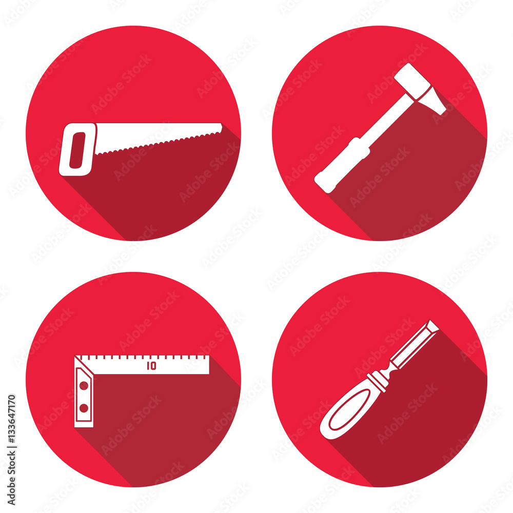 Tool icons set. Saw, hammer, chisel, angle. Repair, measuring instrument, fix carpenters work symbol. Round circle flat icon with long shadow. Vector Tool icons set. Saw, hammer, chisel, angle. Repair, measuring instrument, fix carpenters work symbol. Round circle flat icon with long shadow. Vector