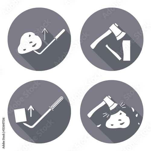 Tool icons set. Axe, hache, pinchbar instrument. Working, unskilled, toil, unable, useless method symbol. White sign on round button with long shadow. Vector photo