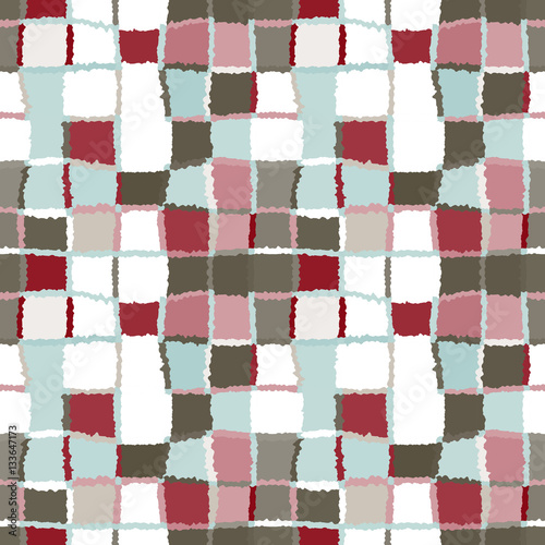 Seamless geometric mosaic checked pattern. Background of woven rectangles and squares. Patchwork, ceramic, tile texture. Gray, white, red, cold colors. Vector