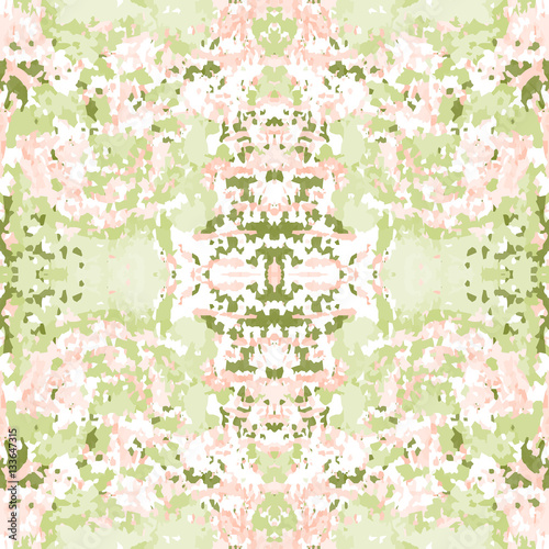 Seamless nature pattern. Stone, snake skin, band view mosaic motley texture. Ornamental collage. Green, rose, white soft colored background. Vector