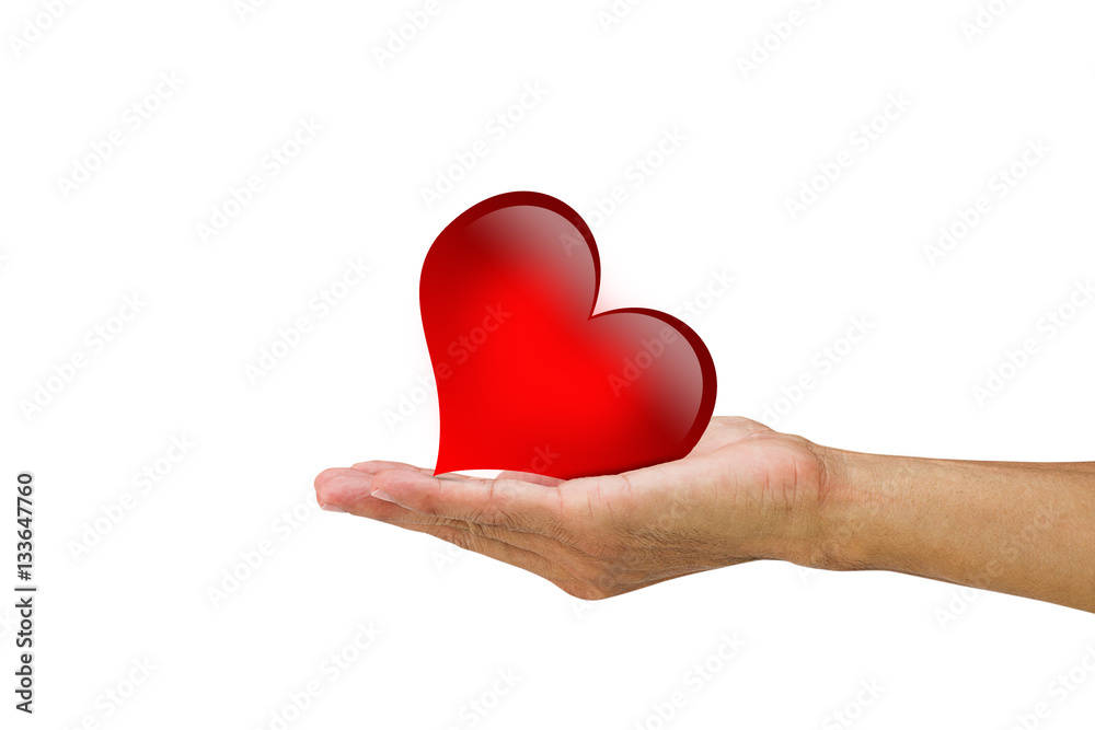 Obraz premium Man's hand holding red heart on white background