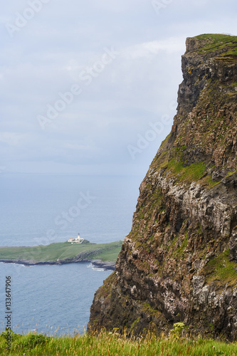 Looking down onto Neist Point lighthouse from Ramasaig cliffs near Dunvegan on the Isle of Skye, Scotland, UK. 