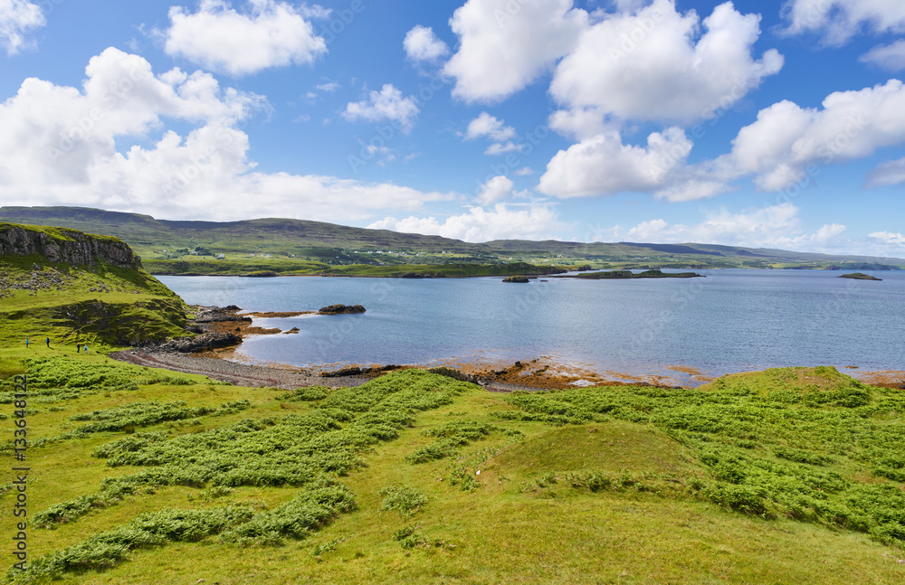 Views of Husabost and Colbost from Uiginish Point near Dunvegan on the Isle of Skye, Scotland, UK.      