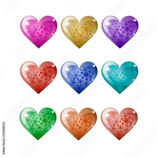 Set of colored hearts on a white background photo