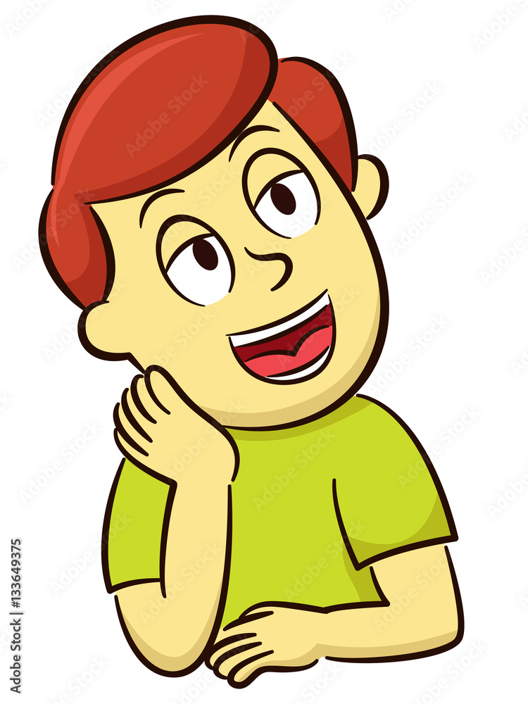 Vetor de Boy Daydreaming While Smiling with Hand on Cheek Cartoon Illustration Isolated on White Background do Stock | Adobe Stock Vetor de Boy Daydreaming While Smiling with Hand on Cheek Cartoon Illustration Isolated on White Background do Stock | Adobe Stock
