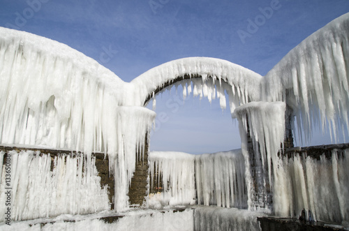Icy arches from storm in winter on seashor  Bulgaria