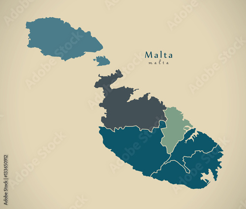 Modern Map - Malta with districts MT illustration
