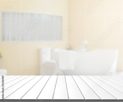 Table Top And Blur Bathroom of Background