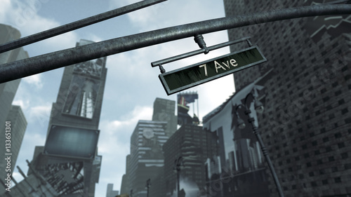 Crashed and ruined close up of Time Square New York Manhattan. 3D rendering