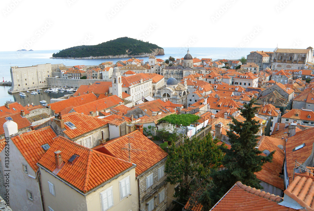 Stunning view of orange tiled roofs of Dubrovnik Old City, Croatia 