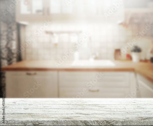 Table Top And Blur Kitchen Room of Background