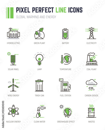 Global warming and energy line icons
