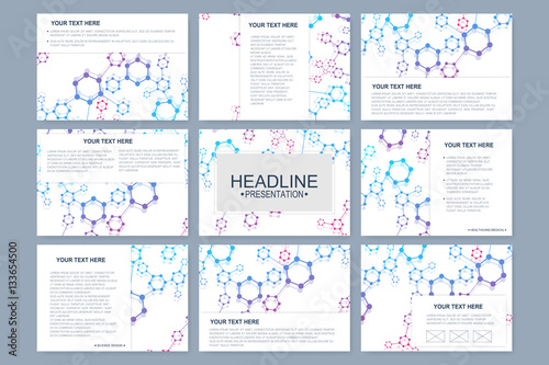 Big set of vector templates for presentation slides. Modern graphic background structure molecule and communication. Scientific pattern atom DNA. Medical, science, chemistry design.