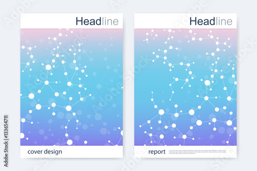 Scientific brochure design template. Vector flyer layout, Molecular structure with connected lines and dots. Scientific pattern atom DNA with elements for magazine, leaflet, cover, poster design.