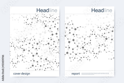 Scientific brochure design template. Vector flyer layout, Molecular structure with connected lines and dots. Scientific pattern atom DNA with elements for magazine, leaflet, cover, poster design.