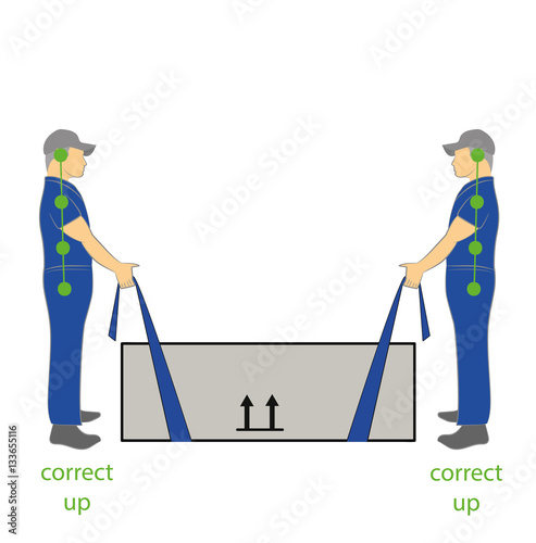 Correct posture to lift a heavy object safely. Health care vector illustration.
