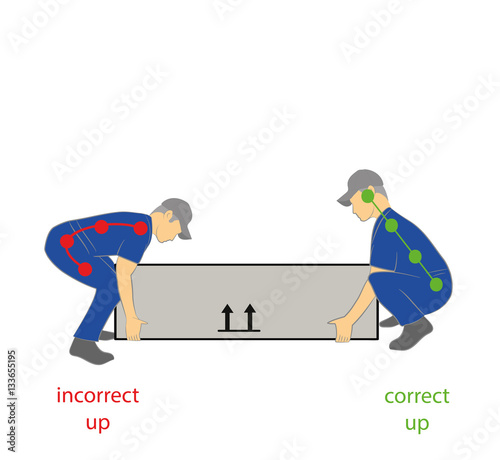 Correct posture to lift a heavy object safely. Health care vector illustration.