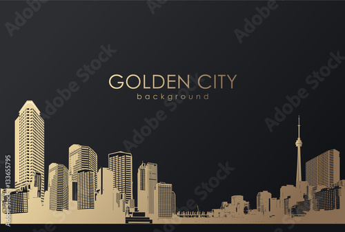 Golden cityscape with skyscrapers.