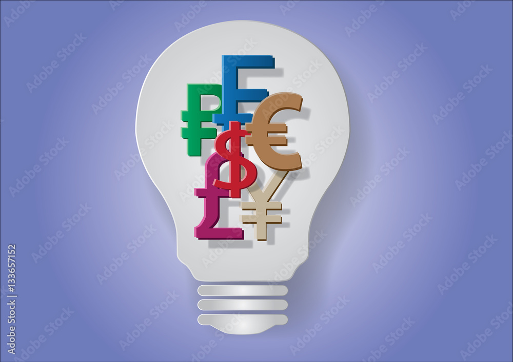 Electric light bulb and currency symbol inside. Concept of idea.
Electric light bulb and currency symbol inside. Concept of idea.