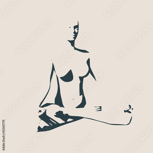 Woman sit in meditation pose. Sexy women silhouettes. Fashion mannequin isolated. Female figure posing. Profile view. Yoga Center Emblem.