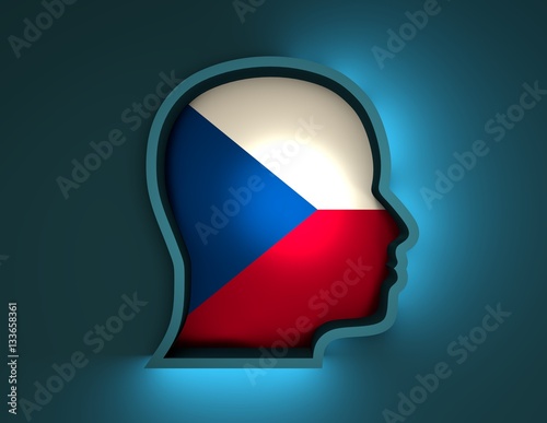 Abstract illustration of head silhouette with Czech national flag inside. 3D rendering. Neon light