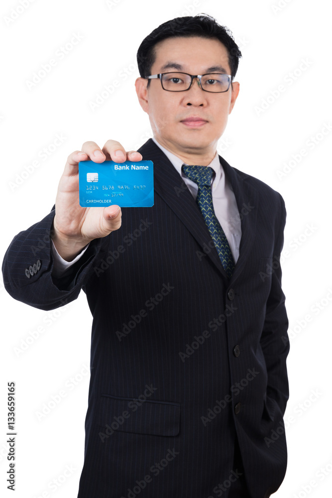 Smart Asian Chinese man wearing suit and holding credit card Smart Asian Chinese man wearing suit and holding credit card