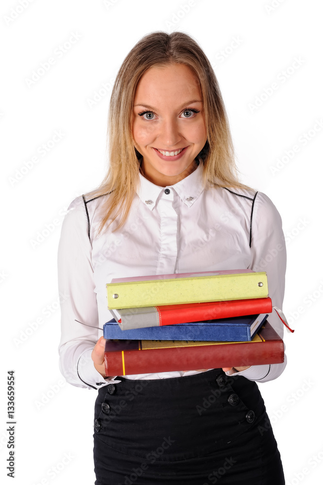 Attractive student or businesswoman in smart casual holding organizer over white background Attractive student or businesswoman in smart casual holding organizer over white background