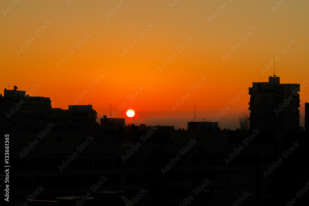 Sunrise in the city of Madrid
