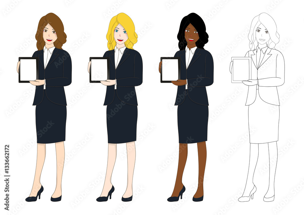 Set Cute Business Woman Presentation Tablet. Full Body Vector Illustration isolated on White Background Set Cute Business Woman Presentation Tablet. Full Body Vector Illustration isolated on White Background