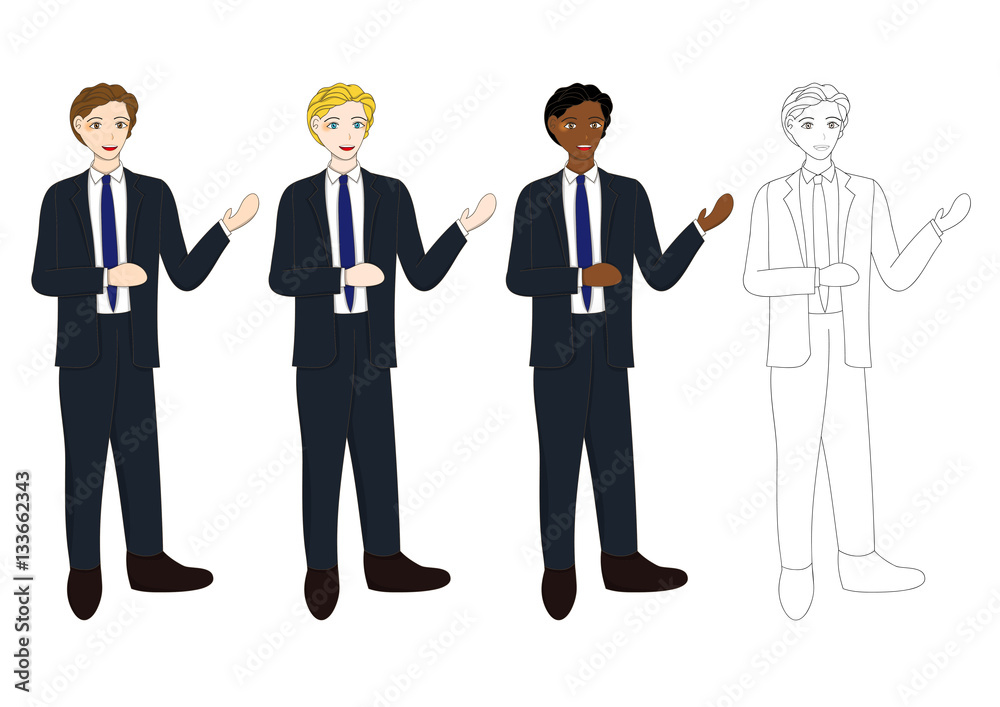 Set Handsome Business Man Presentation with Hand Pointing. Full Body Vector Illustration isolated on White Background