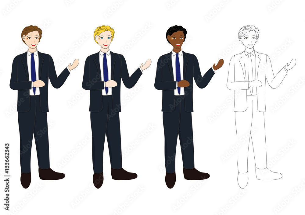 Set Handsome Business Man Presentation with Hand Pointing. Full Body Vector Illustration isolated on White Background Set Handsome Business Man Presentation with Hand Pointing. Full Body Vector Illustration isolated on White Background