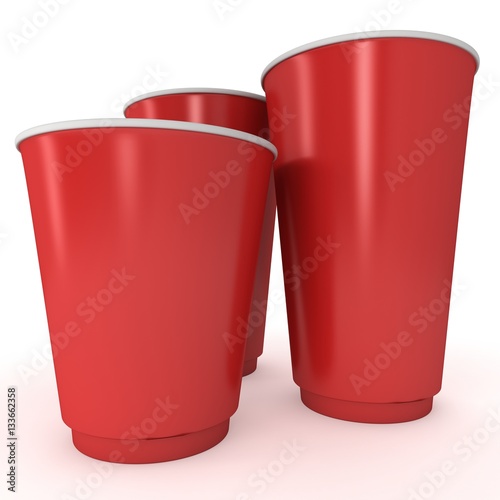 Disposable drink cups. Red paper mug. 3d render isolated on white background © newb1