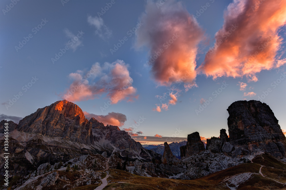 Mountain Cinque Torri (The Five Pillars) at sunrise, Dolomites, Italy