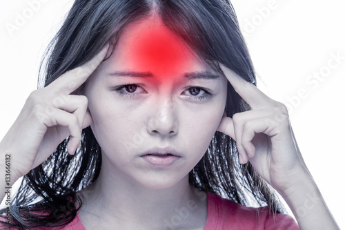 Asian woman with headache, glowing throb