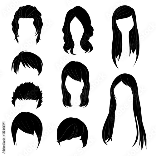 Collection Hairstyle for Man and Woman Black Hair Color Set 1. Vector illustration isolated on White Background