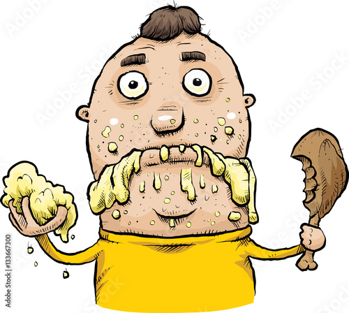 A sloppy, cartoon man eating a messy meal with food dripping from his mouth.