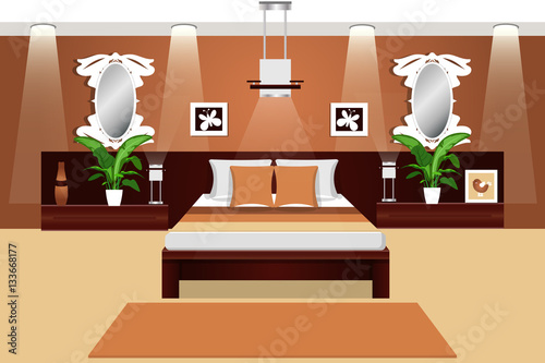 The interior of the bedroom.Vector illustration . Furniture in brown and beige shades . Flat style. Cartoon