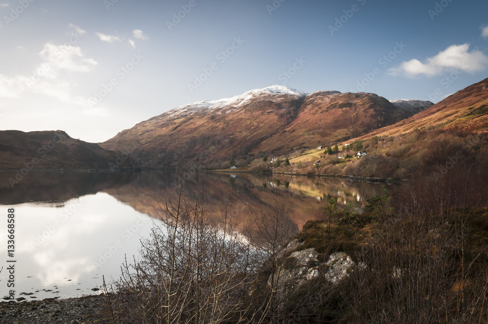 Loch Long and a snow capped Bienn Conchra on a cold and still New Years Day morning, Skye and Lochalsh, Scotland
