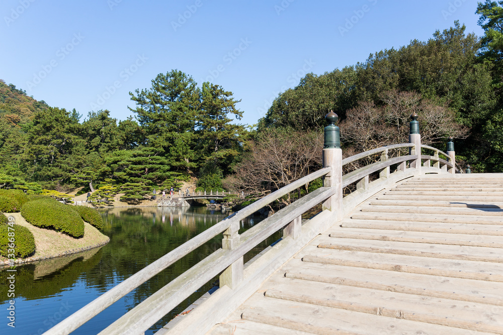 Wooden bridge in Ritsurin Garden