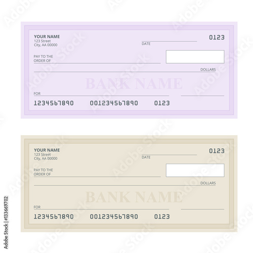 Bank Check with Modern Design. Flat illustration. Cheque book on colored background. Bank check with pen. Concept illustration pay, payment, buy.