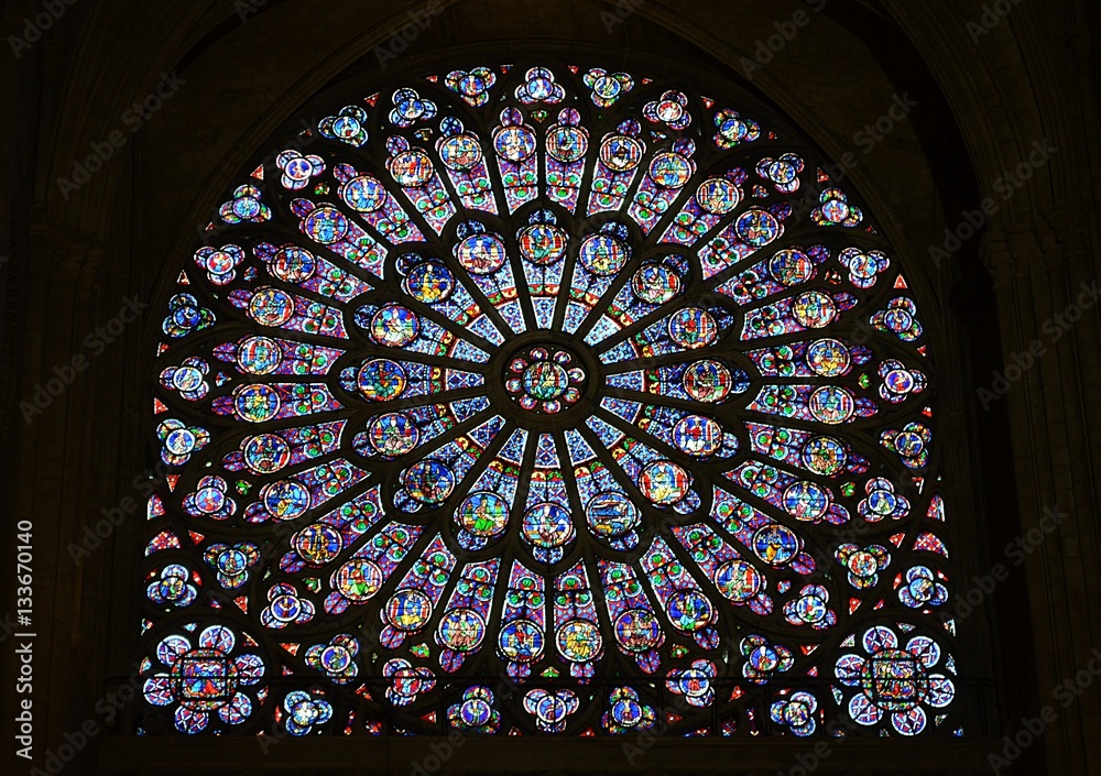 The stained glass-work in the Notre Dame in Paris